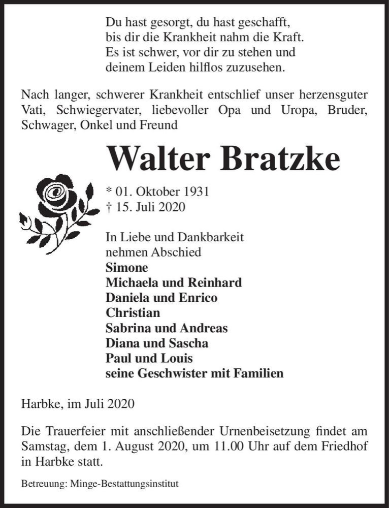  Traueranzeige für Walter Bratzke  vom 21.07.2020 aus Magdeburger Volksstimme