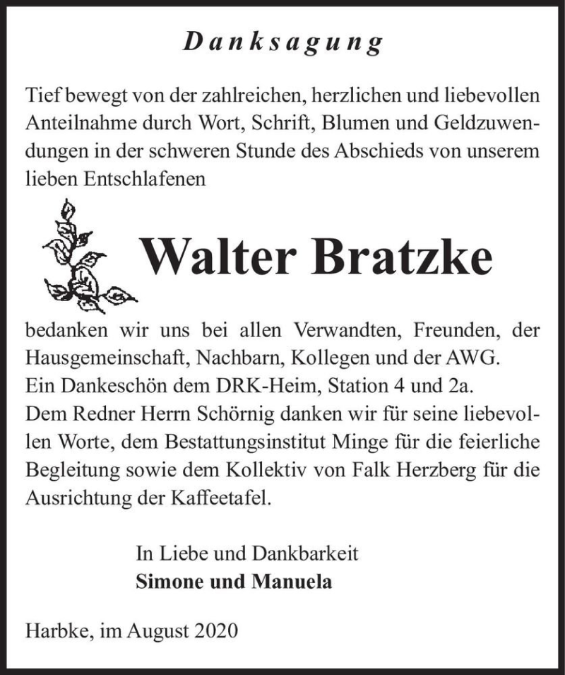  Traueranzeige für Walter Bratzke  vom 08.08.2020 aus Magdeburger Volksstimme