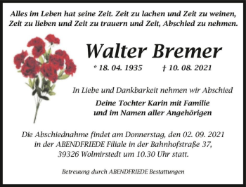 Traueranzeige von Walter Bremer  von Magdeburger Volksstimme