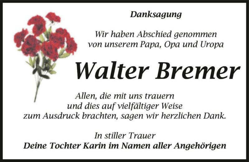  Traueranzeige für Walter Bremer  vom 04.09.2021 aus Magdeburger Volksstimme