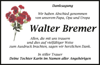 Traueranzeige von Walter Bremer  von Magdeburger Volksstimme