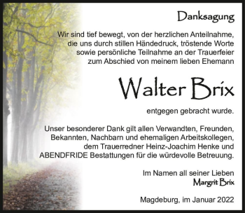 Traueranzeige von Walter Brix  von Magdeburger Volksstimme