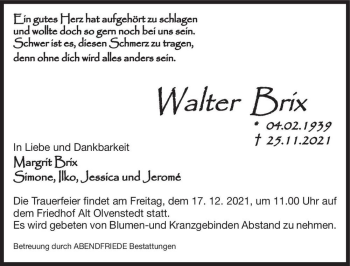 Traueranzeige von Walter Brix  von Magdeburger Volksstimme