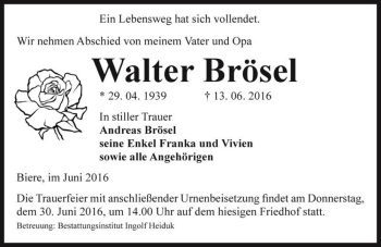 Traueranzeige von Walter Brösel  von Magdeburger Volksstimme
