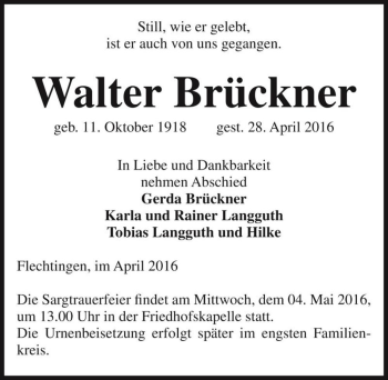 Traueranzeige von Walter Brückner  von Magdeburger Volksstimme
