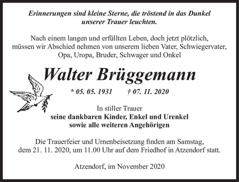  Traueranzeige für Walter Brüggemann  vom 14.11.2020 aus Magdeburger Volksstimme