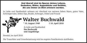 Traueranzeige von Walter Buchwald  von Magdeburger Volksstimme