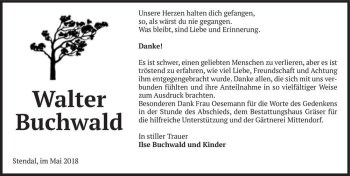 Traueranzeige von Walter Buchwald  von Magdeburger Volksstimme