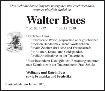 Traueranzeige von Walter Bues  von Magdeburger Volksstimme