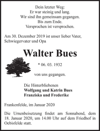 Traueranzeige von Walter Bues  von Magdeburger Volksstimme
