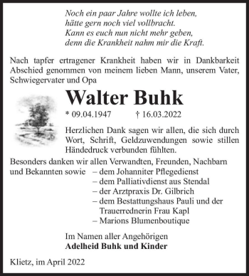 Traueranzeige von Walter Buhk  von Magdeburger Volksstimme