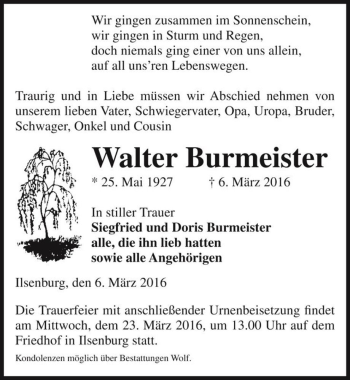 Traueranzeige von Walter Burmeister  von Magdeburger Volksstimme