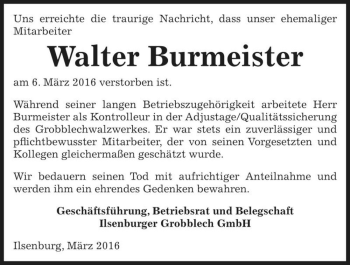 Traueranzeige von Walter Burmeister  von Magdeburger Volksstimme