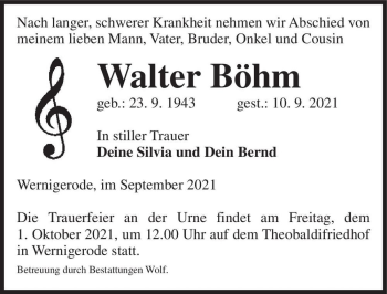Traueranzeige von Walter Böhm  von Magdeburger Volksstimme