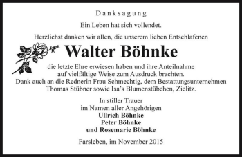 Traueranzeige von Walter Böhnke  von Magdeburger Volksstimme
