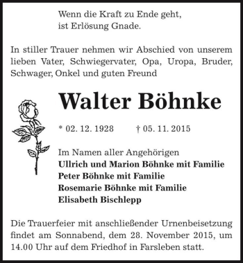 Traueranzeige von Walter Böhnke  von Magdeburger Volksstimme