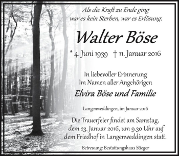 Traueranzeige von Walter Böse  von Magdeburger Volksstimme