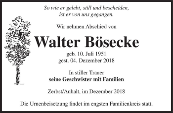 Traueranzeige von Walter Bösecke  von Magdeburger Volksstimme
