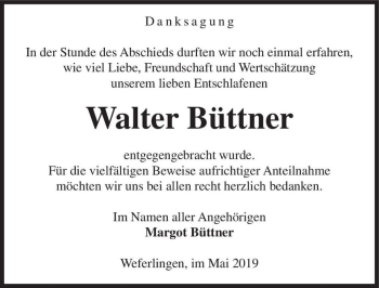 Traueranzeige von Walter Büttner  von Magdeburger Volksstimme