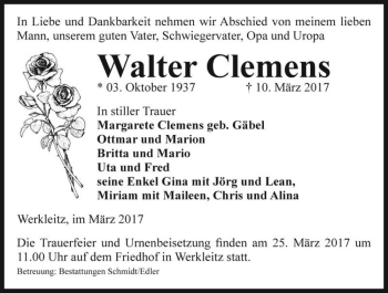 Traueranzeige von Walter Clemens  von Magdeburger Volksstimme