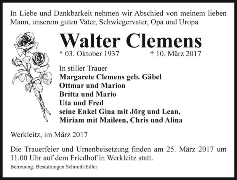  Traueranzeige für Walter Clemens  vom 18.03.2017 aus Magdeburger Volksstimme