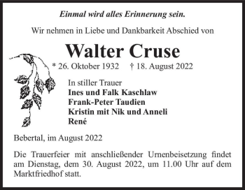 Traueranzeige von Walter Cruse  von Magdeburger Volksstimme