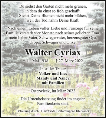 Traueranzeige von Walter Cyriax  von Magdeburger Volksstimme