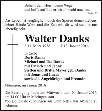 Traueranzeige von Walter Danks  von Magdeburger Volksstimme