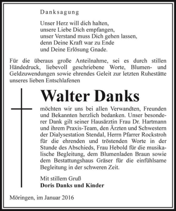 Traueranzeige von Walter Danks  von Magdeburger Volksstimme