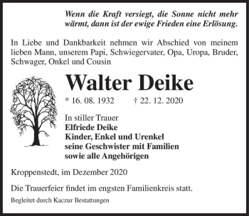 Traueranzeige von Walter Deike  von Magdeburger Volksstimme