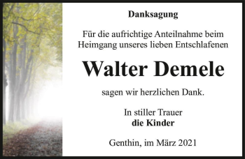 Traueranzeige von Walter Demele  von Magdeburger Volksstimme