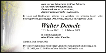 Traueranzeige von Walter Demele  von Magdeburger Volksstimme