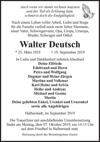 Traueranzeige von Walter Deutsch  von Magdeburger Volksstimme