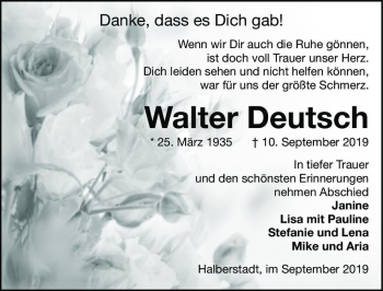 Traueranzeige von Walter Deutsch  von Magdeburger Volksstimme