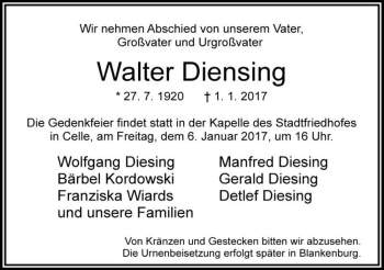 Traueranzeige von Walter Diensing  von Magdeburger Volksstimme