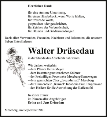 Traueranzeige von Walter Drüsedau  von Magdeburger Volksstimme