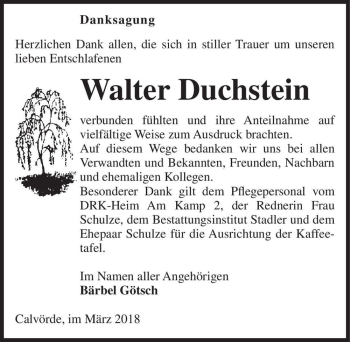 Traueranzeige von Walter Duchstein  von Magdeburger Volksstimme