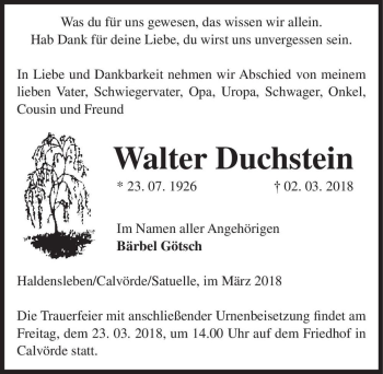 Traueranzeige von Walter Duchstein  von Magdeburger Volksstimme