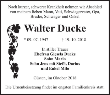Traueranzeige von Walter Ducke  von Magdeburger Volksstimme