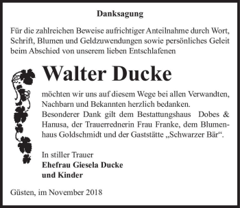Traueranzeige von Walter Ducke  von Magdeburger Volksstimme