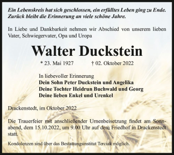 Traueranzeige von Walter Duckstein  von Magdeburger Volksstimme