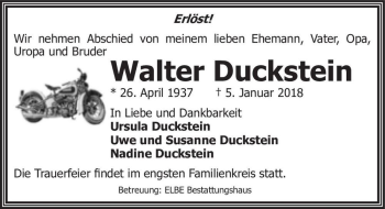 Traueranzeige von Walter Duckstein  von Magdeburger Volksstimme