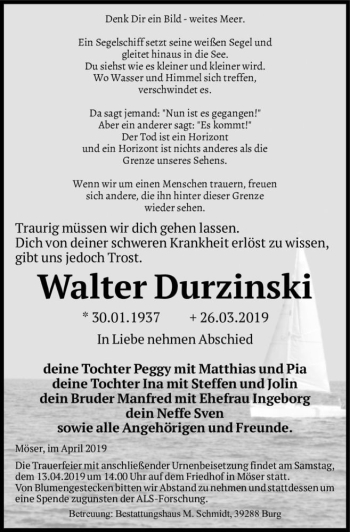 Traueranzeige von Walter Durzinski  von Magdeburger Volksstimme