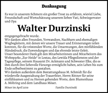 Traueranzeige von Walter Durzinski  von Magdeburger Volksstimme