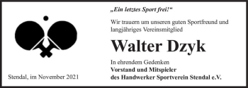 Traueranzeige von Walter Dzyk  von Magdeburger Volksstimme