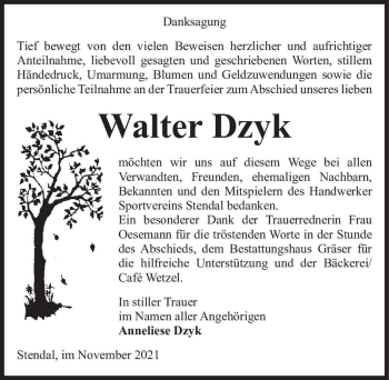 Traueranzeige von Walter Dzyk  von Magdeburger Volksstimme