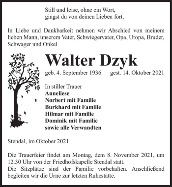 Traueranzeige von Walter Dzyk  von Magdeburger Volksstimme