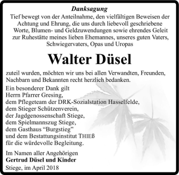 Traueranzeige von Walter Düsel  von Magdeburger Volksstimme