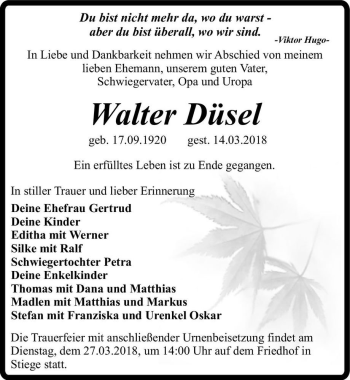 Traueranzeige von Walter Düsel  von Magdeburger Volksstimme