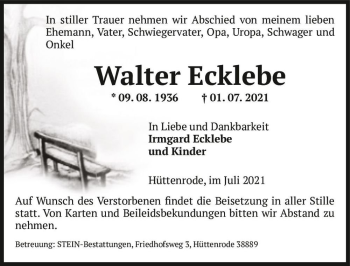 Traueranzeige von Walter Ecklebe  von Magdeburger Volksstimme